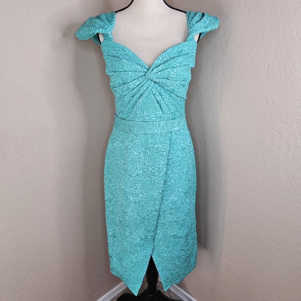 Tadashi Shoji Turquoise Women Tulip Off The Shoulder Dress sz 8 Wedding Cocktail - Picture 3 of 16